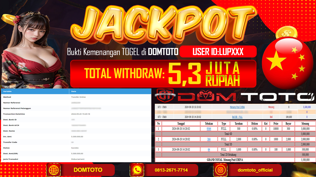 JACKPOT TOGEL CHINA 4D 20 SEPTEMBER 2024